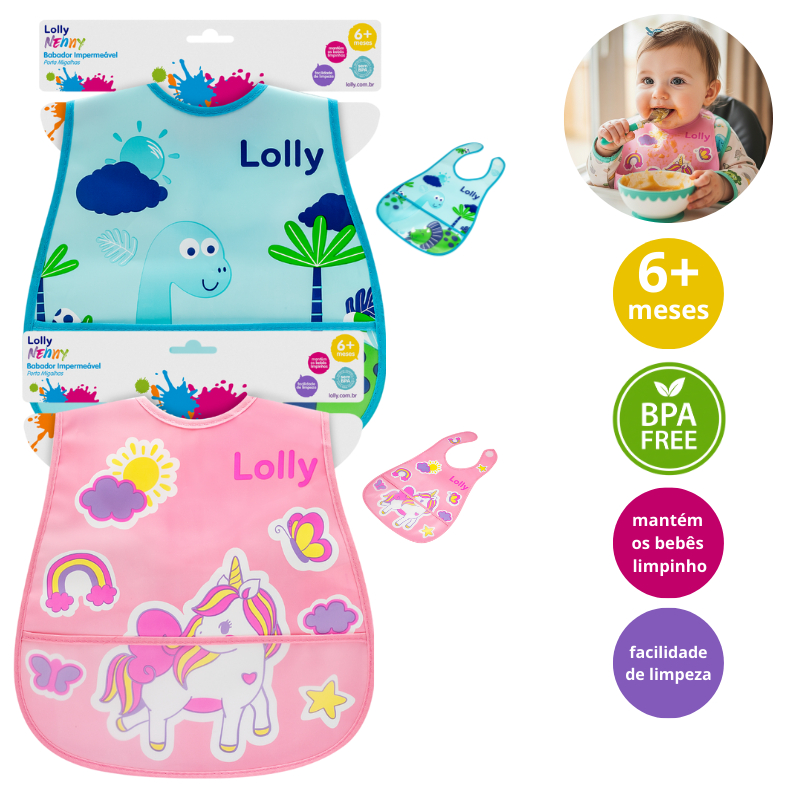 Babador Impermeável Lolly Rosa ou Azul - com Coletor frontal