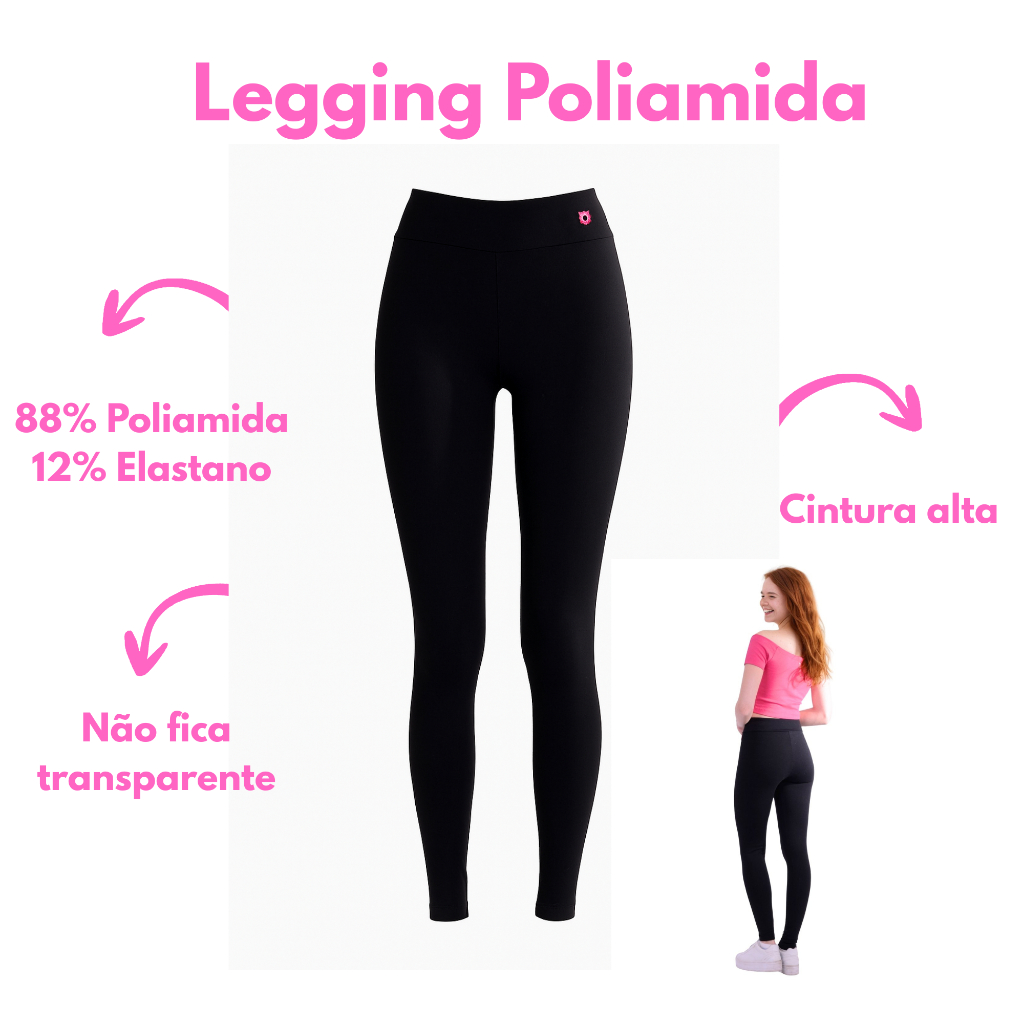 Legging preta feminina  básica cintura  alta conforto poliamida academia e dia dia tecido grosso não transparente