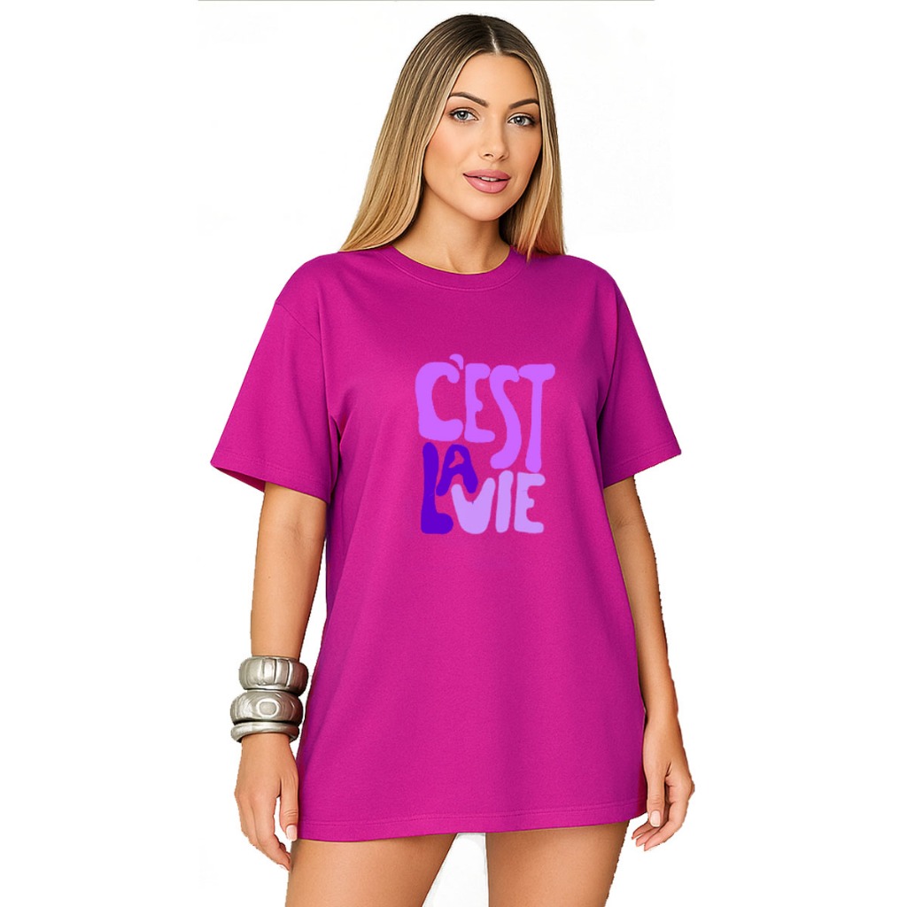 Camiseta Unissex Oversized Good Vibes Cor Fúcsia Algodão Premium Cest La Vie