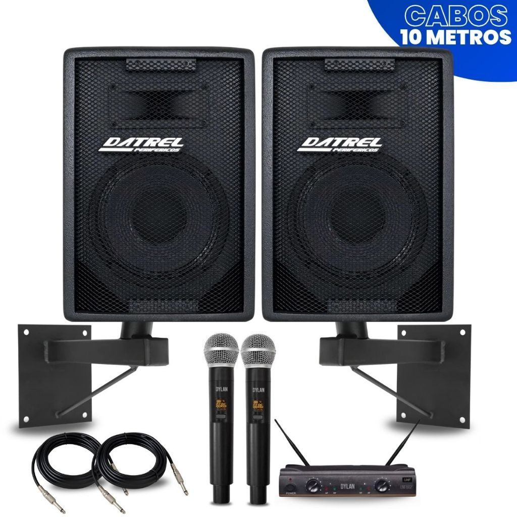 Kit 2 Caixas Som 300W Ativa Passiva Profissional Bluetooth + Microfone Dylan DW-602 MAX + Suportes de Parede + Cabos