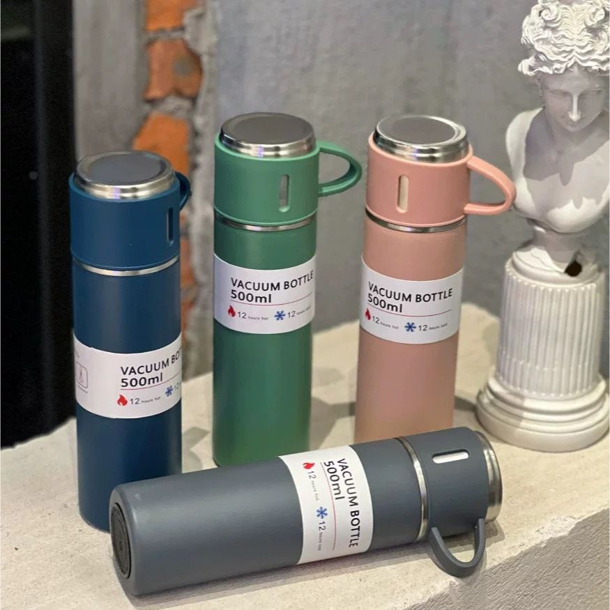 Kit Premium Garrafa Térmica 500ml Inox com 3 Xícaras | Várias Cores Disponíveis