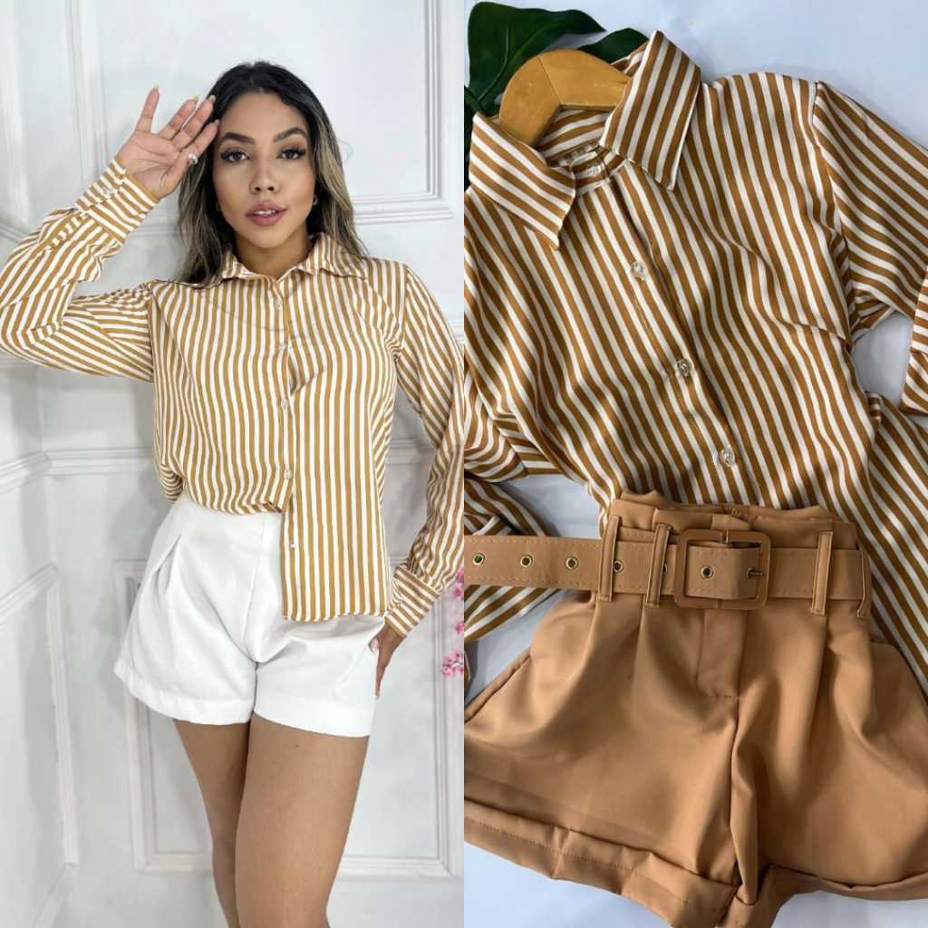 CAMISA BLUSA SOCIAL  MANGA LONGA FEMENINA CREPINHO LISTRADA TAMANHOS P - M - G - GG