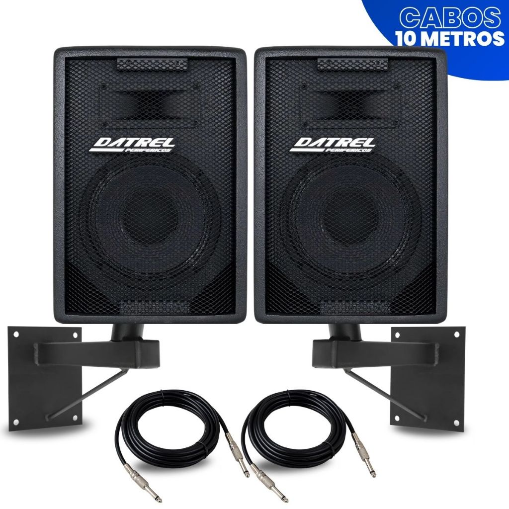 Kit 2 Caixas Som 300W Ativa Passiva Acustica Amplificada Bluetooth USB + Suportes de Parede + Cabos P10 Profissional