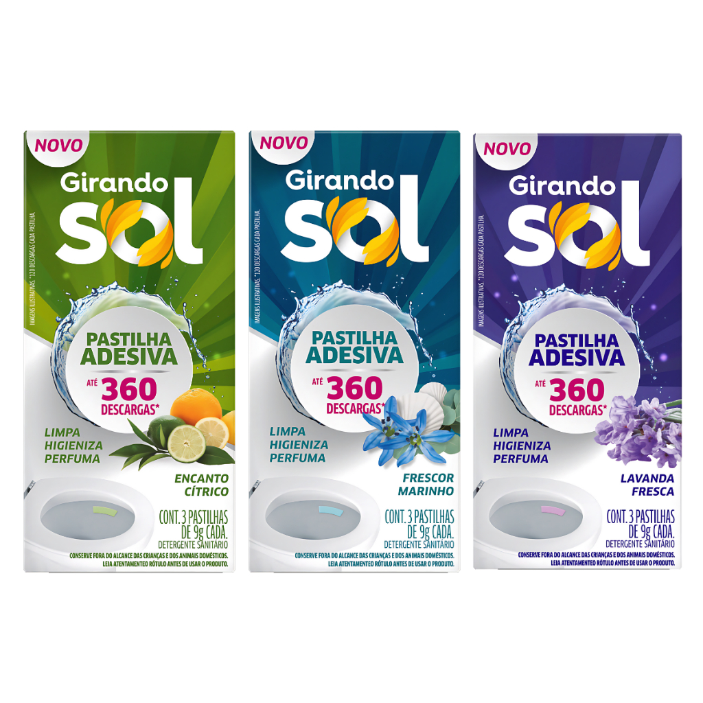 Detergente Pastilha Sanitária Girando Sol Kit 3 Unidades 27g Lavanda Fresca Encanto Cítrico Frescor Marinho em Oferta na Shopee