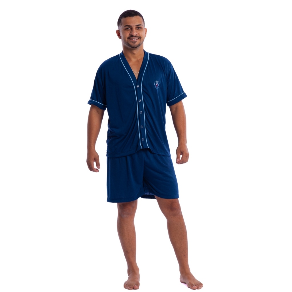 Pijama Masculino Aberto Com Botão Manga Curta e Short Verão Malha Conforto Pós Cirúrgico