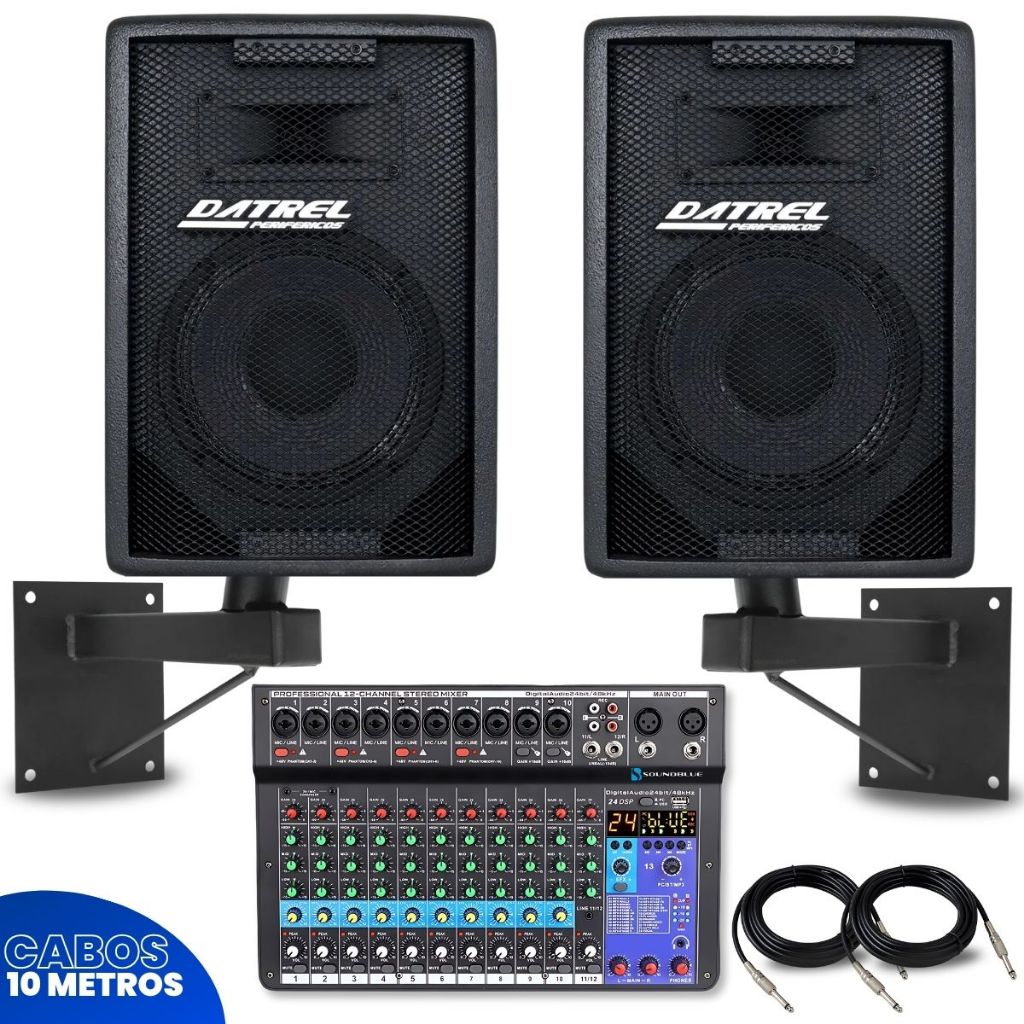 Kit 2 Caixas Som 300w Rms Ativa Passiva Acustica + Mesa 12 Canais Profissional Bluetooth Usb + Suportes Parede + Cabos