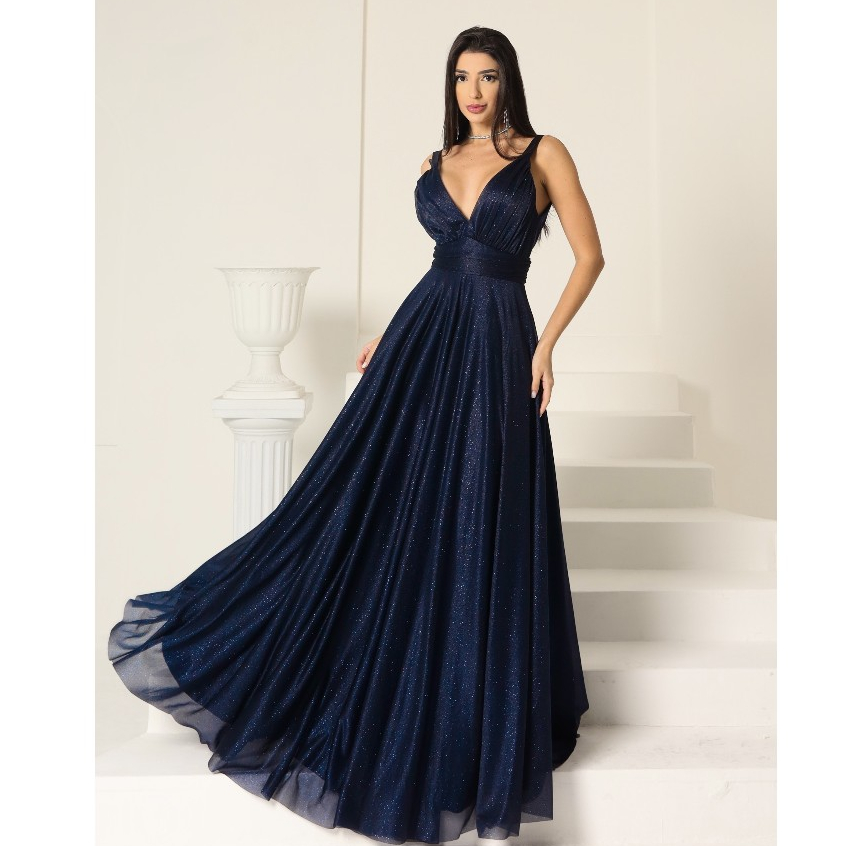 vestido longo de festa madrinha malha Tulí com brilho em V com bojo e Zíper festa formal ,casamento em Oferta na Shopee