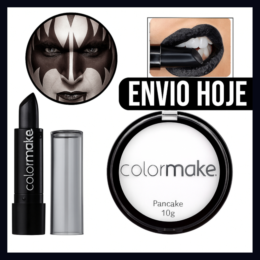 Kit Pancake Branco e Batom Preto Colormake – maquiagem artística para Halloween, bruxa, fantasia e festas.