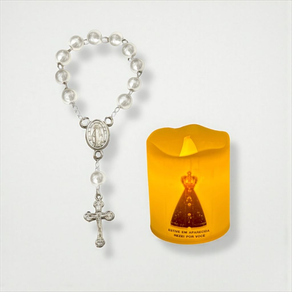 Kit Mini Vela Led Nossa Senhora Aparecida com Dezena de Pérola