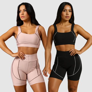 Kit 2 Conjunto Short Feminino Fitness Academia Treino Cintura Alta Com Bojo Suplex Zero Transparência - Top + Short em Oferta na Shopee