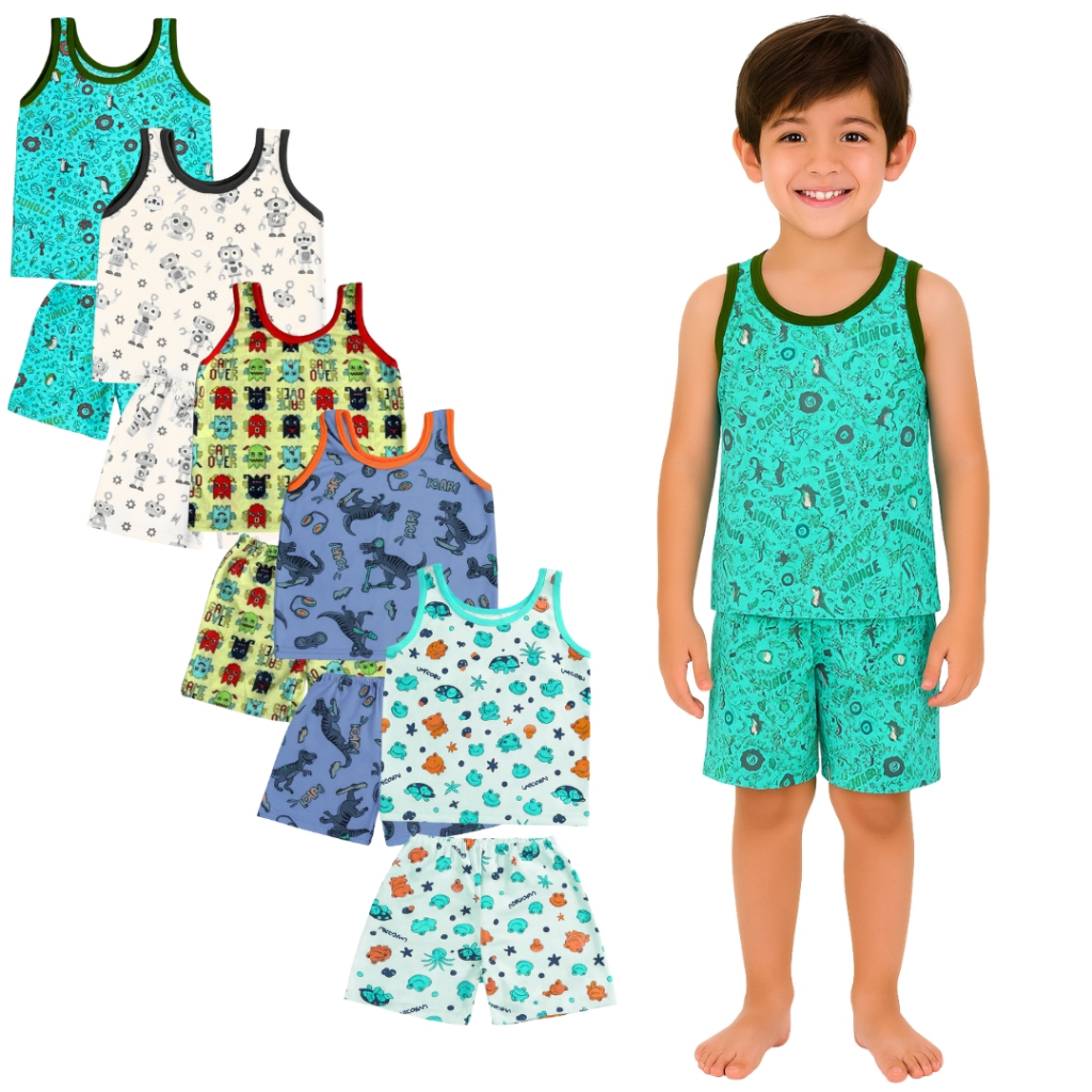 Kit 6 Peças Pijama Infantil Regata Masculino Sendo 3 Camisetas + 3 Bermudas 2 ao 8 Anos
