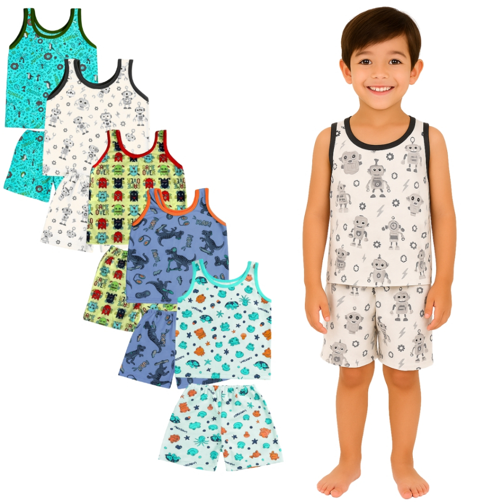 Kit 10 Peças Pijama Infantil Regata Masculino Sendo 5 Camisetas + 5 Bermudas 2 ao 8 Anos em Oferta na Shopee