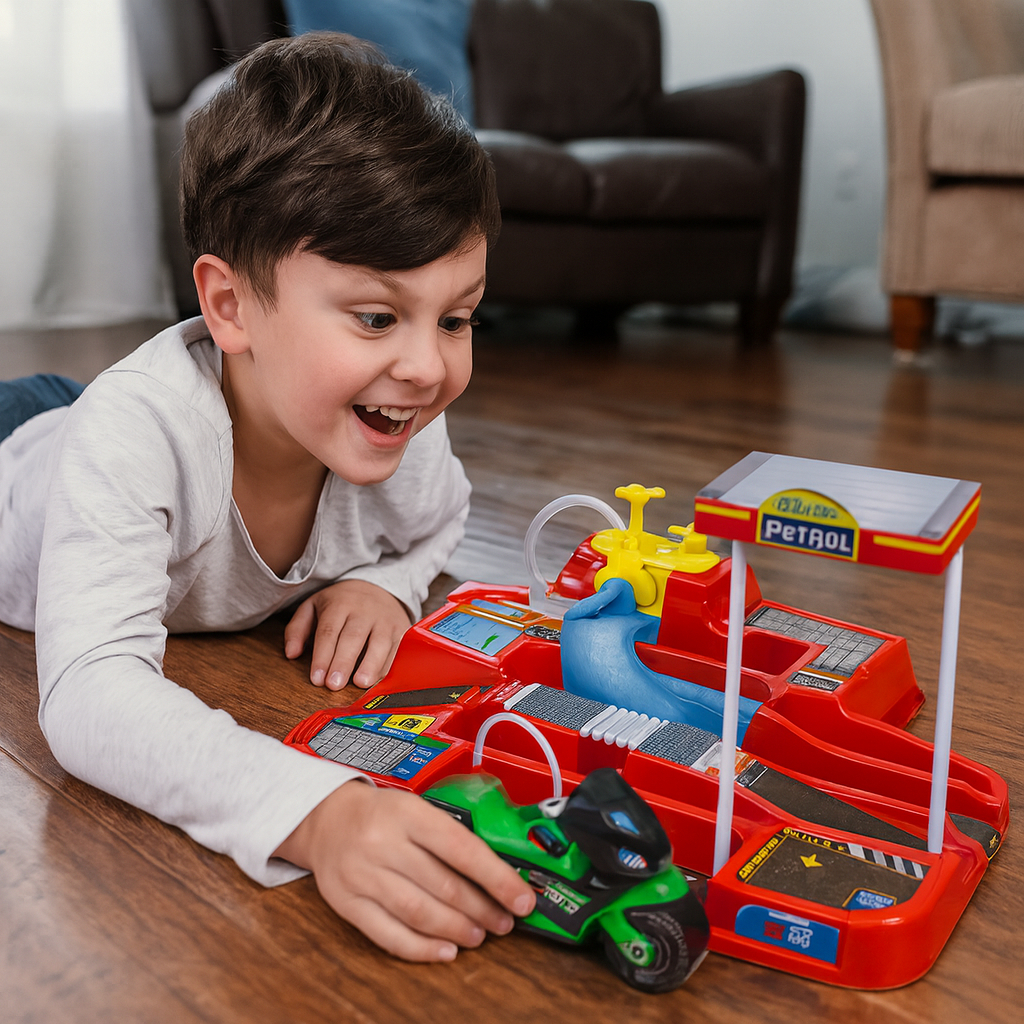 Kit Lava Rápido Auto Posto com 2 Motos e Pista Pit Stop Com 2 Carrinhos Miniatura Presente Crianças