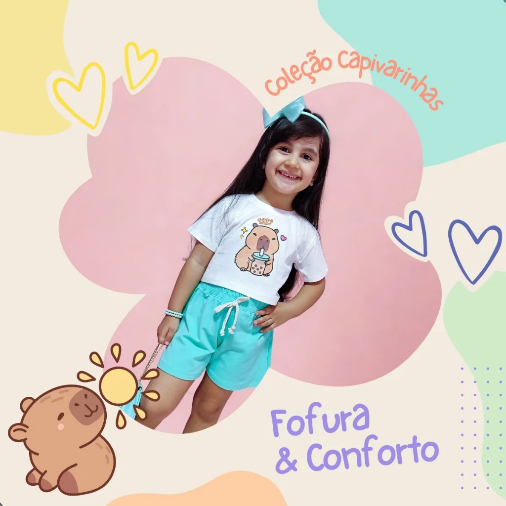 Conjunto Infantil Menina Verão T-shirt Crooped Capivara