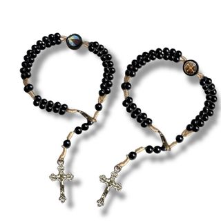 Terço Madeira de Pulso São Bento Nossa Senhora Aparecida Preto Marrom Pérola