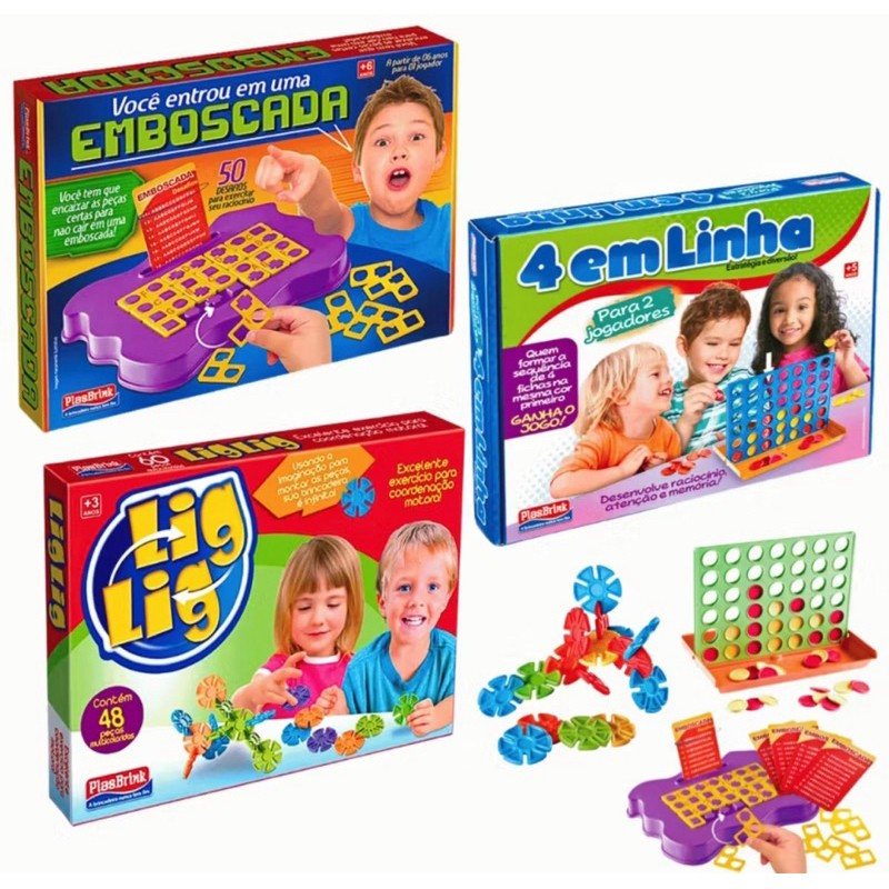 Kit 3 Jogos Educativos Infantis  Emboscada  4 em Linha  Lig Lig Estratégia Coordenação e Diversão em Família.