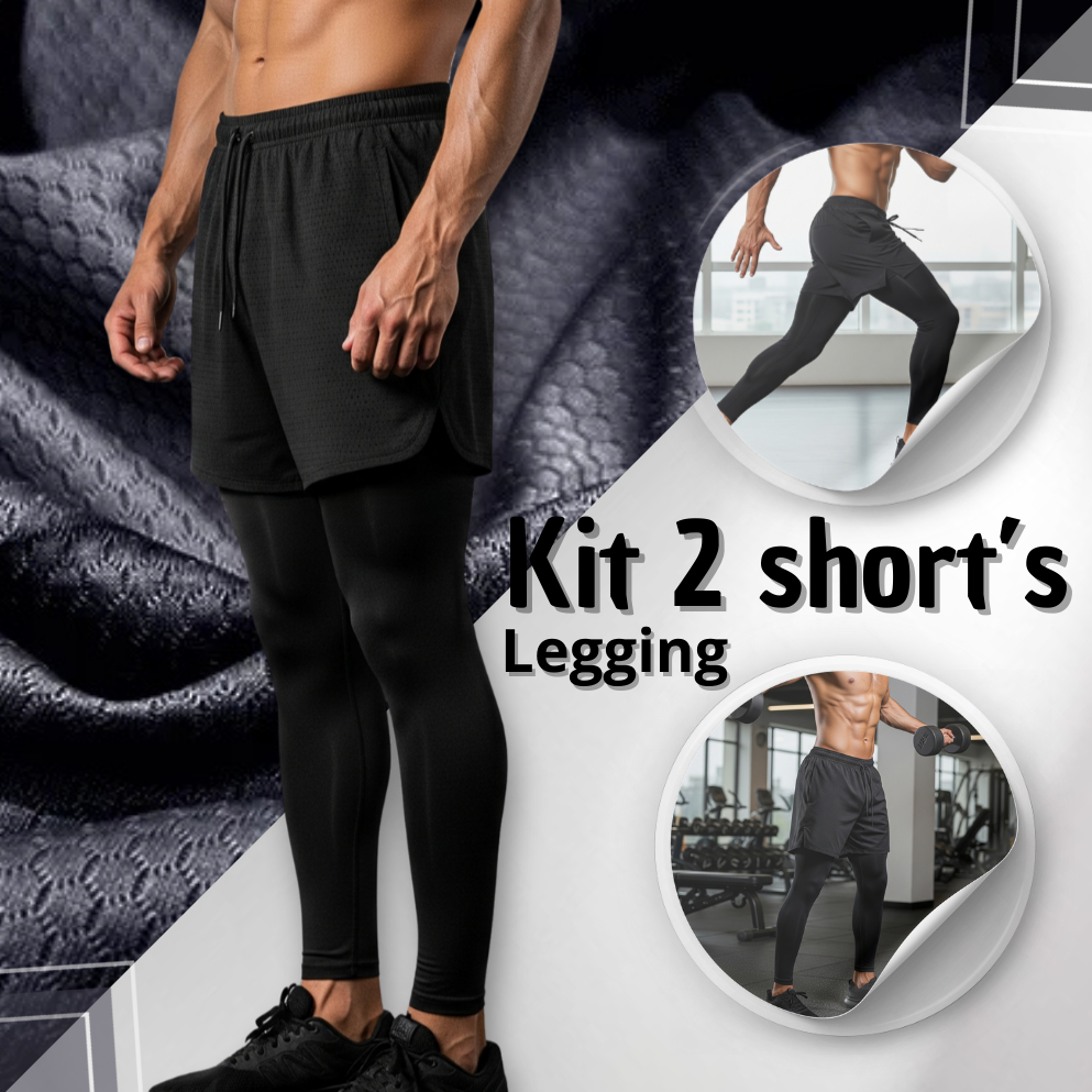 Kit 2 Calça Legging Masculina com Shorts Sobreposto
