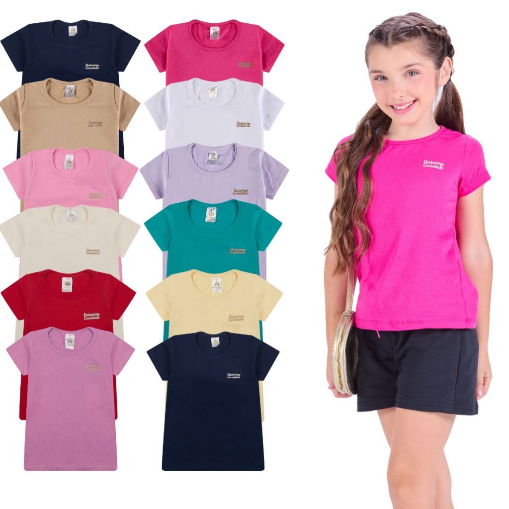 Kit com 2, 6 ou 8 Blusas Manga Curta Infantil para Menina 100% Algodão Moda Infantil Feminina Lisa Básica em Oferta na Shopee