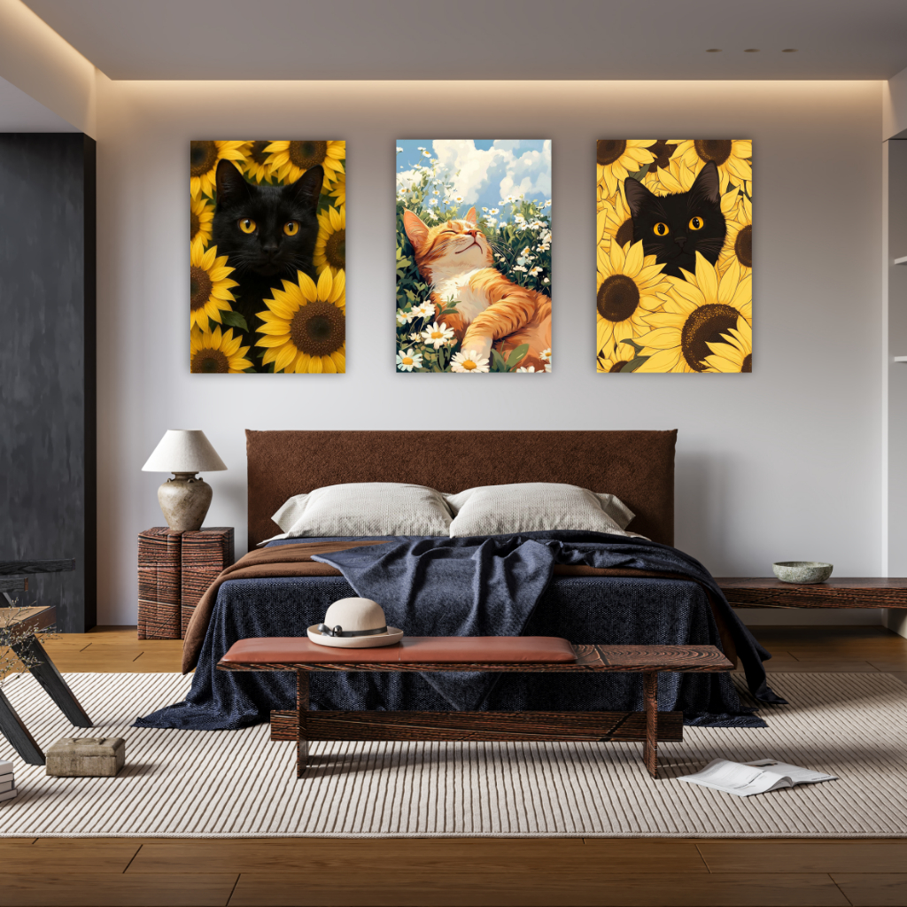 Quadro Decorativo Gato Flor Paisagem Girassol Pet Shop Para Parede Decoração Quarto Sala 3 Peças