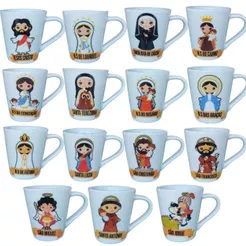 Jogo Xícara Nossa Senhora Aparecida Caneca Porcelana Santinhos Imagens Catolico