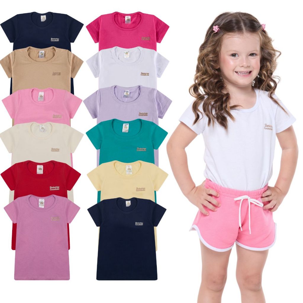 Kit 2, 6 ou 8 Blusas  Infantil para Menina Manga Curta 100% Algodão Moda Infantil Feminina Lisa Básica Colorida