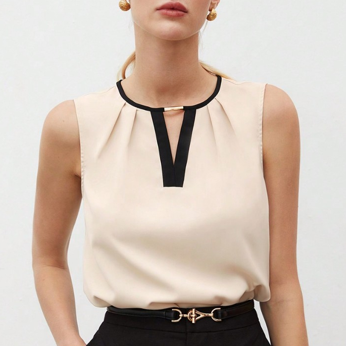 Top de tanque com decote de fechadura de verão para mulheres, com detalhe de contraste na barra em Oferta na Shopee