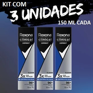 Kit C/3 Rexona Clinical Aerosol 150ml Cada Desodorante Antitranspirante Clean/Classic/Extra Dry/Sem Perfume