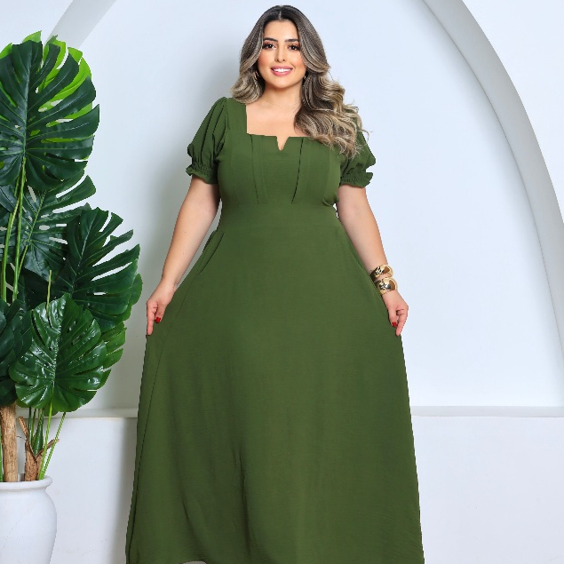 Vestido Longo Plus Size  Manga Princesa Luxo Moda Evangélica Festa Tecido Duna