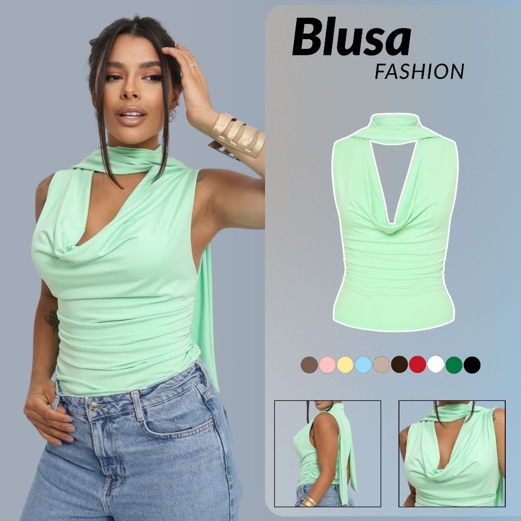 Blusa Regata Feminina Amarração Gola Alongada Premium Estilosa CHOKER Tendencia 2026 Verão Camisa Básica Chique