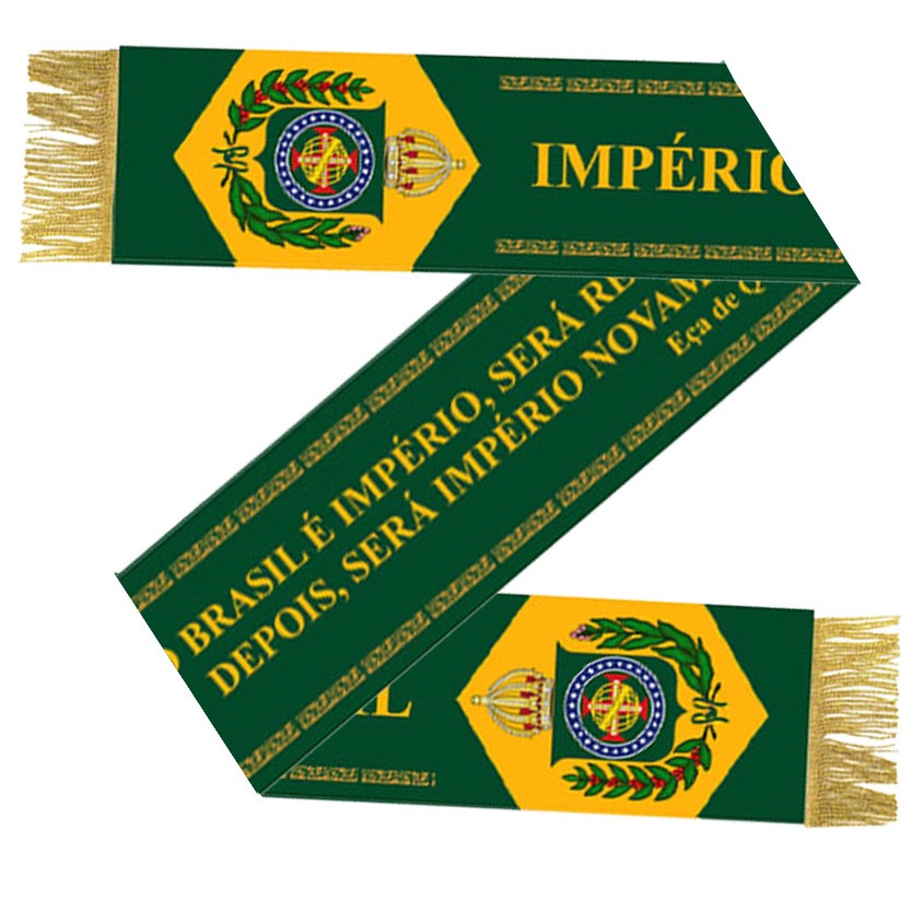 Flamula Tipo Echarpe Imperio do Brasil Franjas Douradas 20 cm X 140 cm Frase Eça de Queiróz