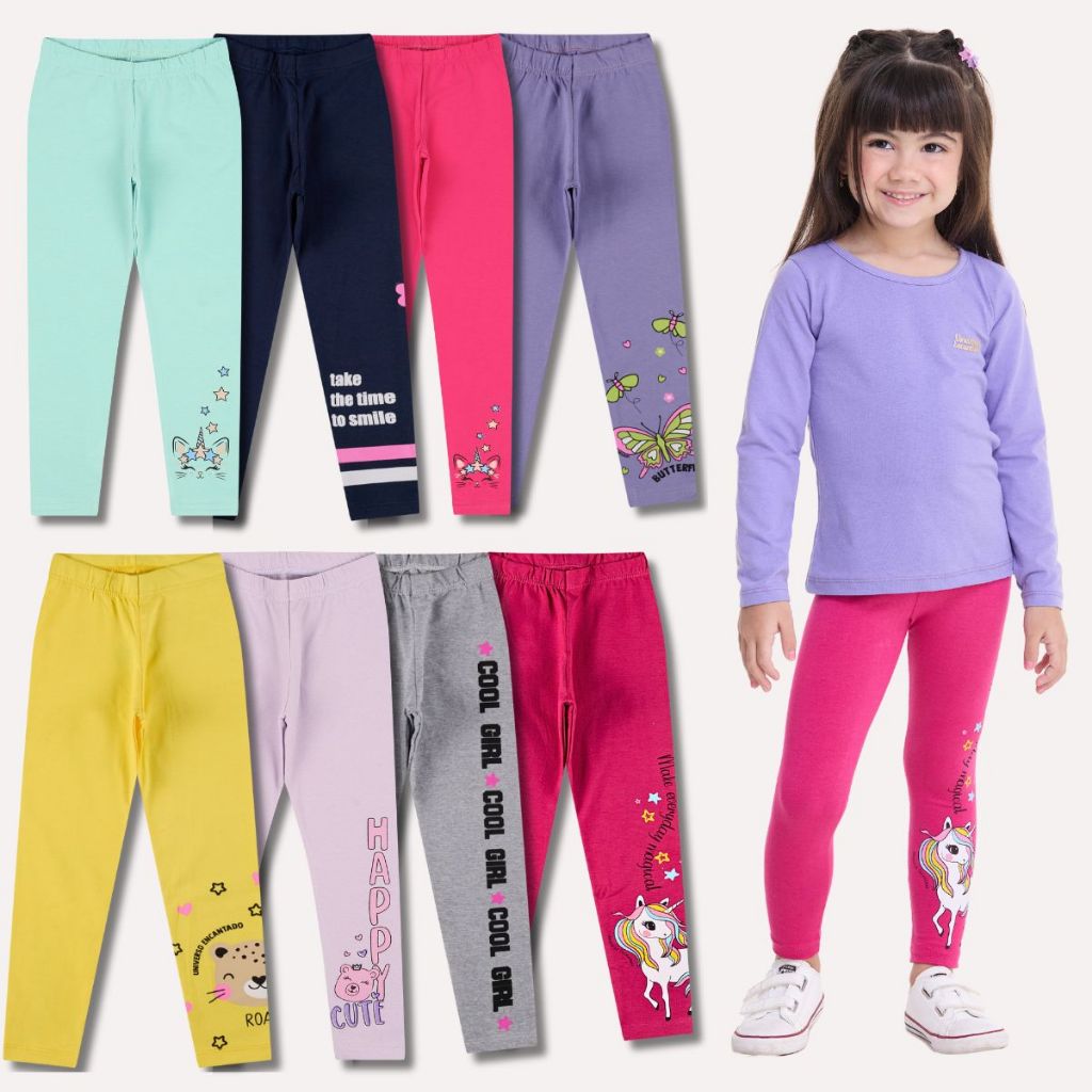 Kit Sortido 1, 3 ou 6 Calças Leggings de Cotton para Meninas Legging Bebê Menina Feminino Com Estampas em Oferta na Shopee