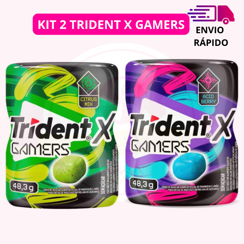 Chiclete Trident X Gamers zero açúcar goma de mascar garrafinha Citrus Mix Acid Berry 48,3g