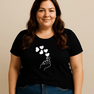 Camiseta Plus Size Feminina P Ao G5 Algodão 100% Estampada Finger Heart Dorama Kpop Básica Casual Academia Verão em Oferta na Shopee