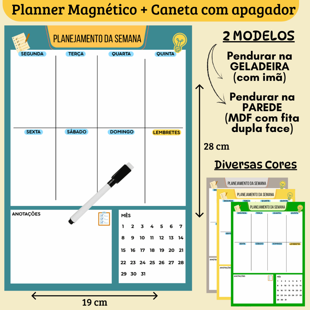 Planner Semanal Magnético + Caneta c/ Apagador (Imã p/ Geladeira ou MDF p/ Parede) Organizador Lista Tarefa