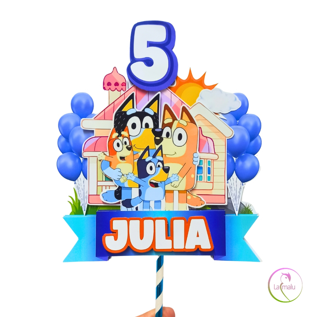 Topper/Topo para Bolo Simples Tema BLUEY e Família Casa - Papel Fotográfico Glossy 230g/m