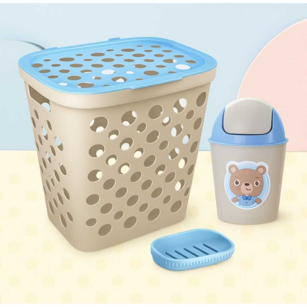 Kit 3 Em 1 Linha Baby Cesto De Roupa Bebe Infantil + Lixeira  Com Tampa Basculante 3 L + Porta Sabonete Pia Quarto Do Be