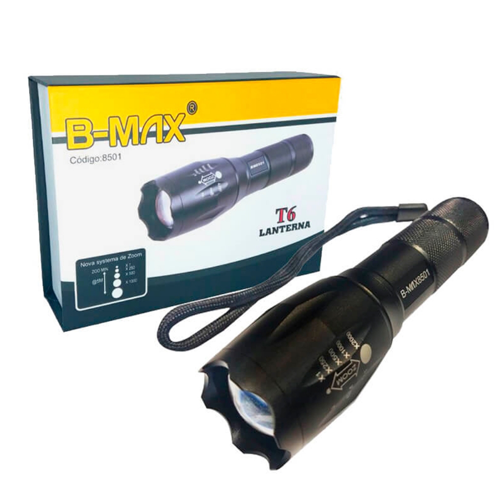 Lanterna Tática [T6]Lanterna Super LED Bmax Zoom Foco 2000x 3 modos Lanterna Tática Bmax Anti aderente 3 Modos Com Carre