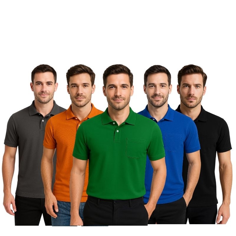 Kit 5 Polo Masculina Lisa Piquet Poliéster com Bolso Básica / REF:533