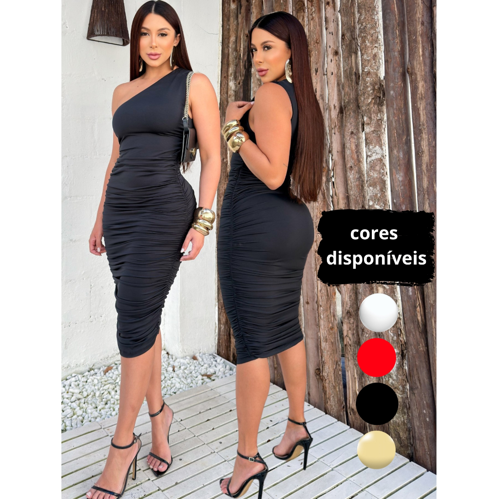 Vestido Feminino Mula Manca Ombro Só Tubinho Drapeado Colado Midi Suplex Franzido Elegante em Oferta na Shopee