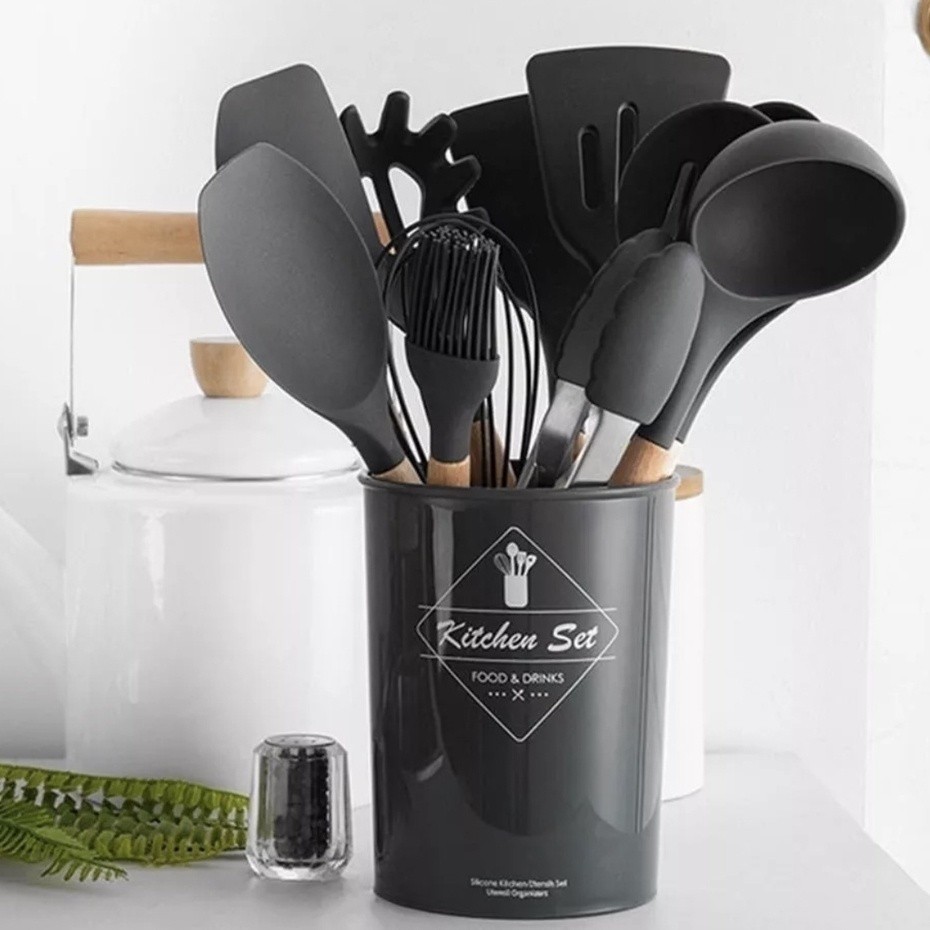 JOGO DE COZINHA KIT COM 12 PEÇAS UTENSÍLIOS E COPO SUPORTE SILICONE BORRACHA MADEIRA BAMBU ANTIADERENTE