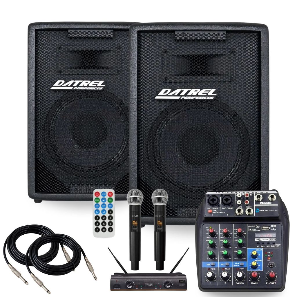 Kit 2 Caixas Som 300W Rms Datrel Ativa Passiva Acustica Profissional + Mesa 4 Canais + Microfone Duplo Sem Fio + Cabos