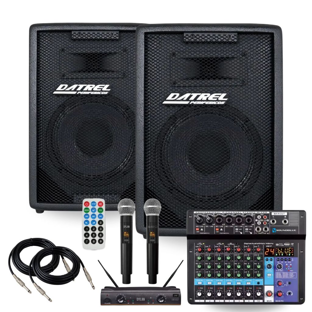 Kit 2 Caixas De Som 300W Rms Datrel Ativa Passiva Profissional + Mesa 8 Canais Efeitos + Microfone DW-602 MAX + Cabos