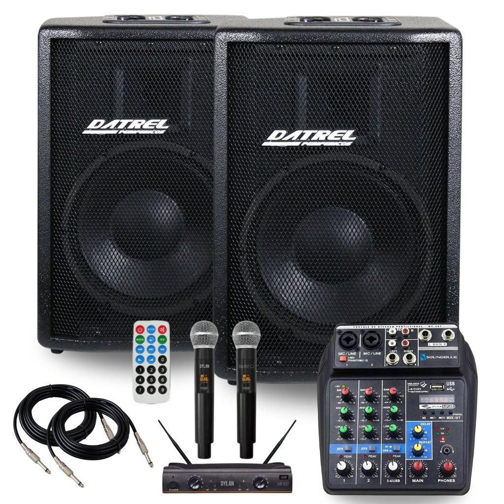Kit 2 Caixas De Som 400W Rms Datrel Ativa Passiva Profissional + Mesa 4 Canais Efeitos + Microfone DW-602 MAX + Cabos
