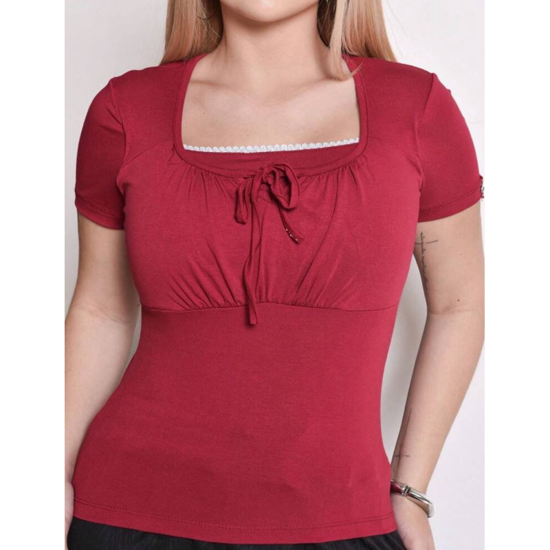 T-shirt blusa Claudete camiseta feminina busto franzido detalhe de laço moda evangélica  moda jovem feminina