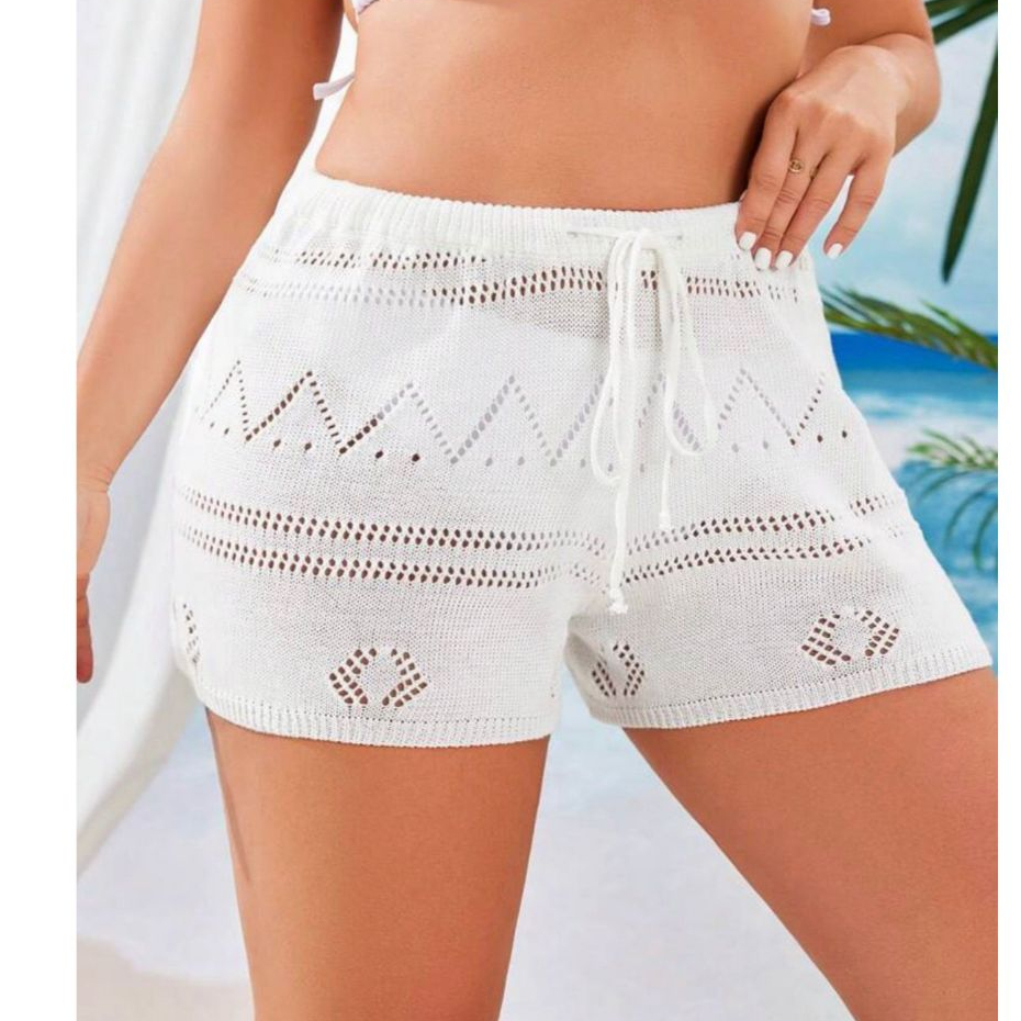 Short Feminino Saida de Praia Shortinho Tricot  Crochê  Com Cós com cordão para regulagem em Oferta na Shopee