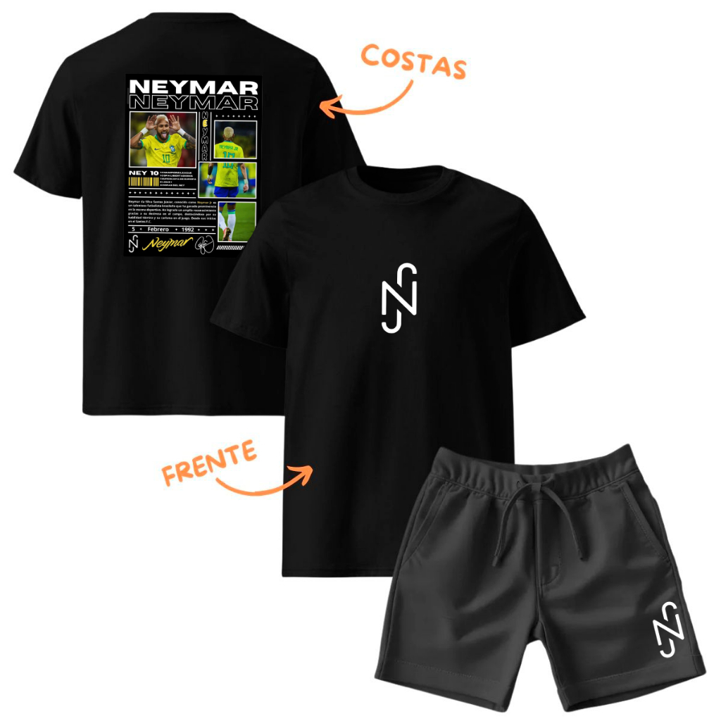 Kit Infantil 2 peças Com 1 Camiseta e 1 Short Neymar Jr Brasil Conjunto Bermuda Moletom Camisa