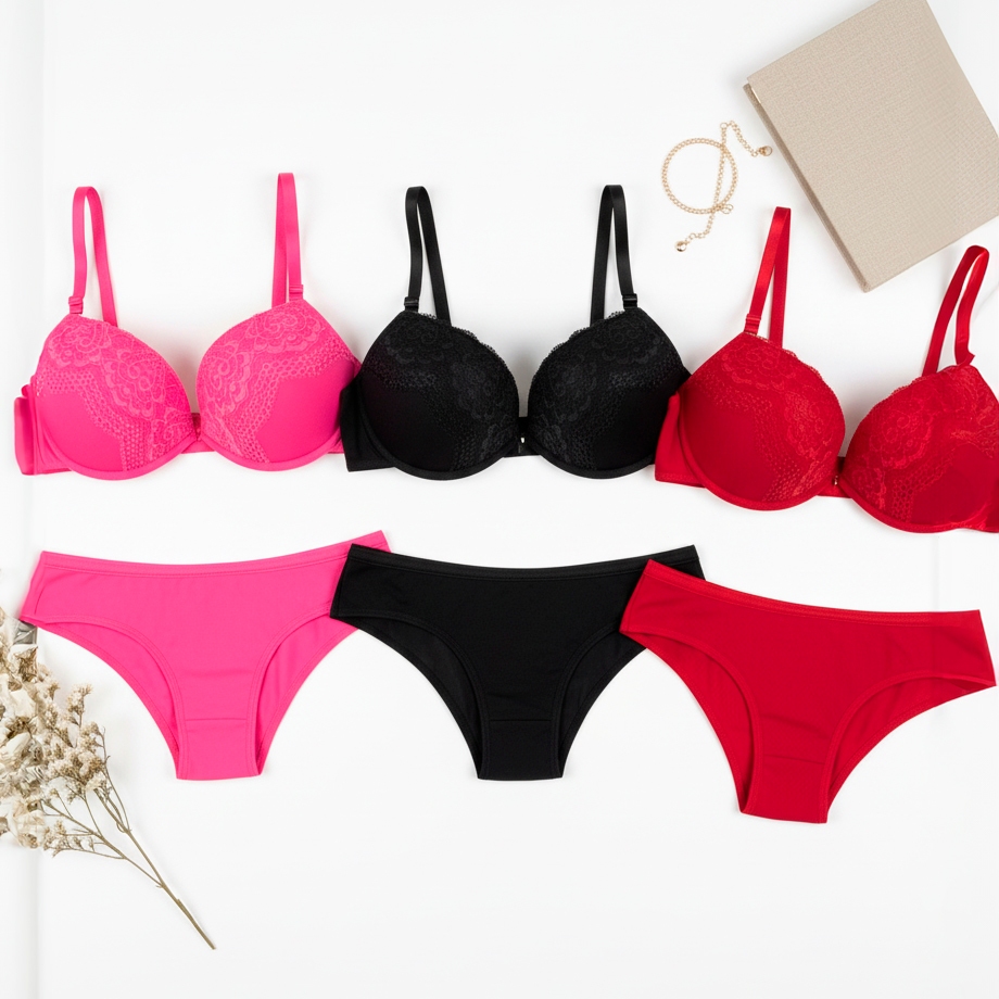 Kit 3 Conjunto Lingerie Renda Delicada Feminina Sutiã com Bojo + Calcinha Variada em Oferta na Shopee