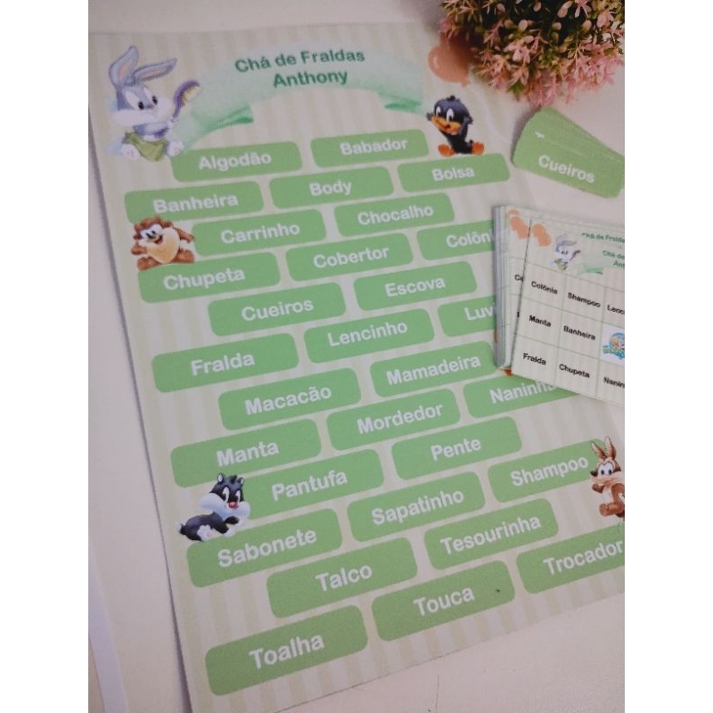 Bingo Personalizado Chá de Bebê Chá Revelação Chá de Fraldas Lembrancinha Brincadeira Festa Baby looney tunes