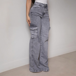 calça jeans cargo grafite feminina empina bumbum super tendencia em Oferta na Shopee