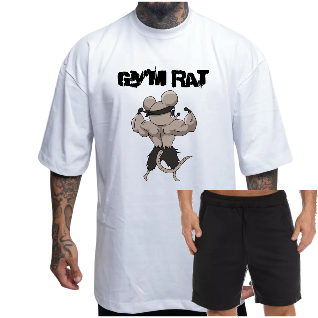 Conjunto Camiseta Oversized Branca Gym Rat + Bermuda Moletom Preta ou Branca Streetwear Algodão